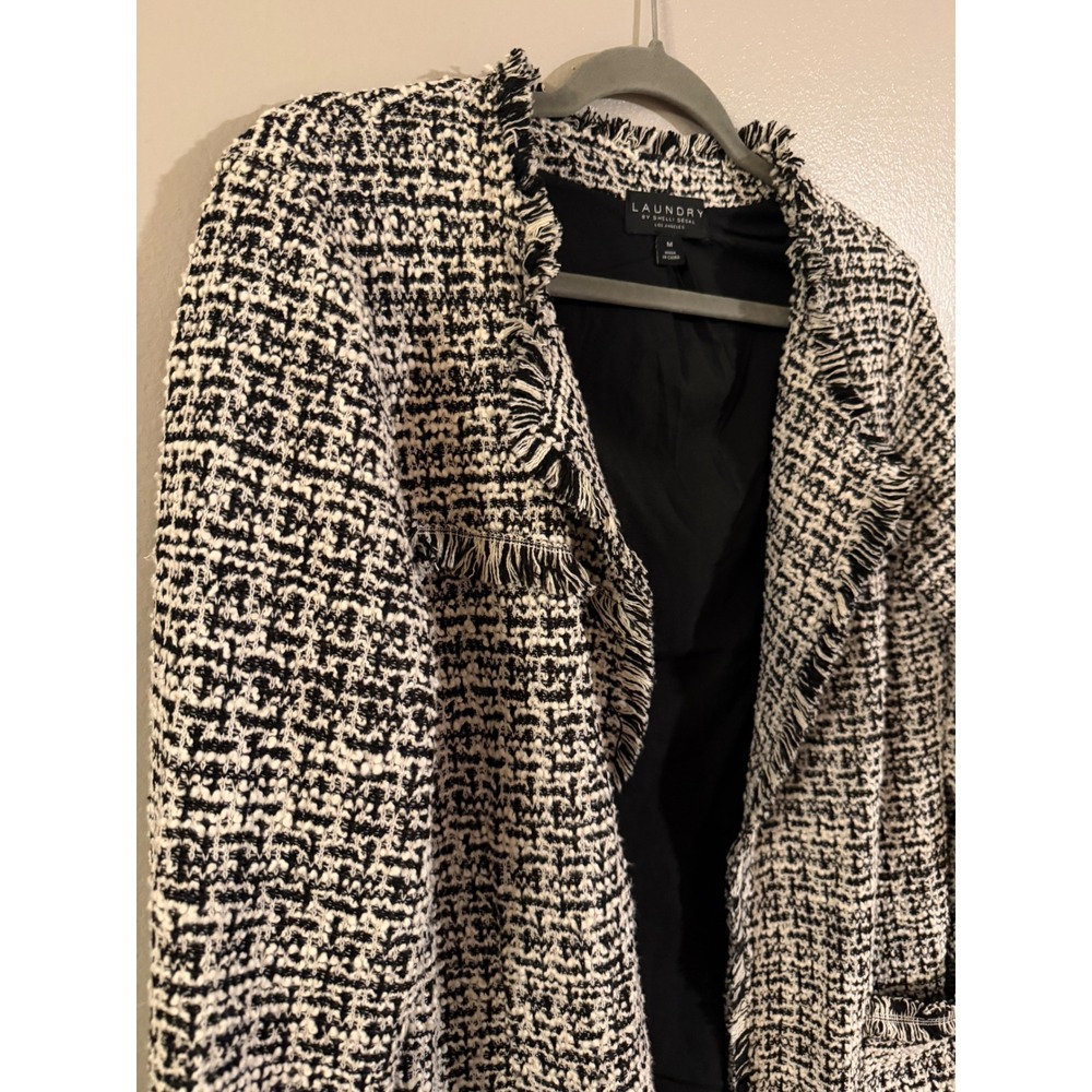 Laundry by Shelli Segal Womens Medium Black White Tweed Fringe Open Jacket Coat - Picture 3 of 7